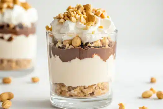 A layered dessert in a clear glass with chocolate, vanilla, and crushed peanuts on top.