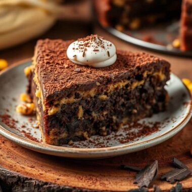 A slice of chocolate and banana cake with a dollop of cream and cocoa powder on a plate, surrounded by chocolate pieces and yellow candies.