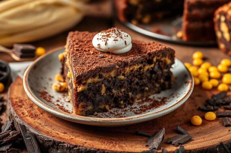 A slice of chocolate and banana cake with a dollop of cream and cocoa powder on a plate, surrounded by chocolate pieces and yellow candies.