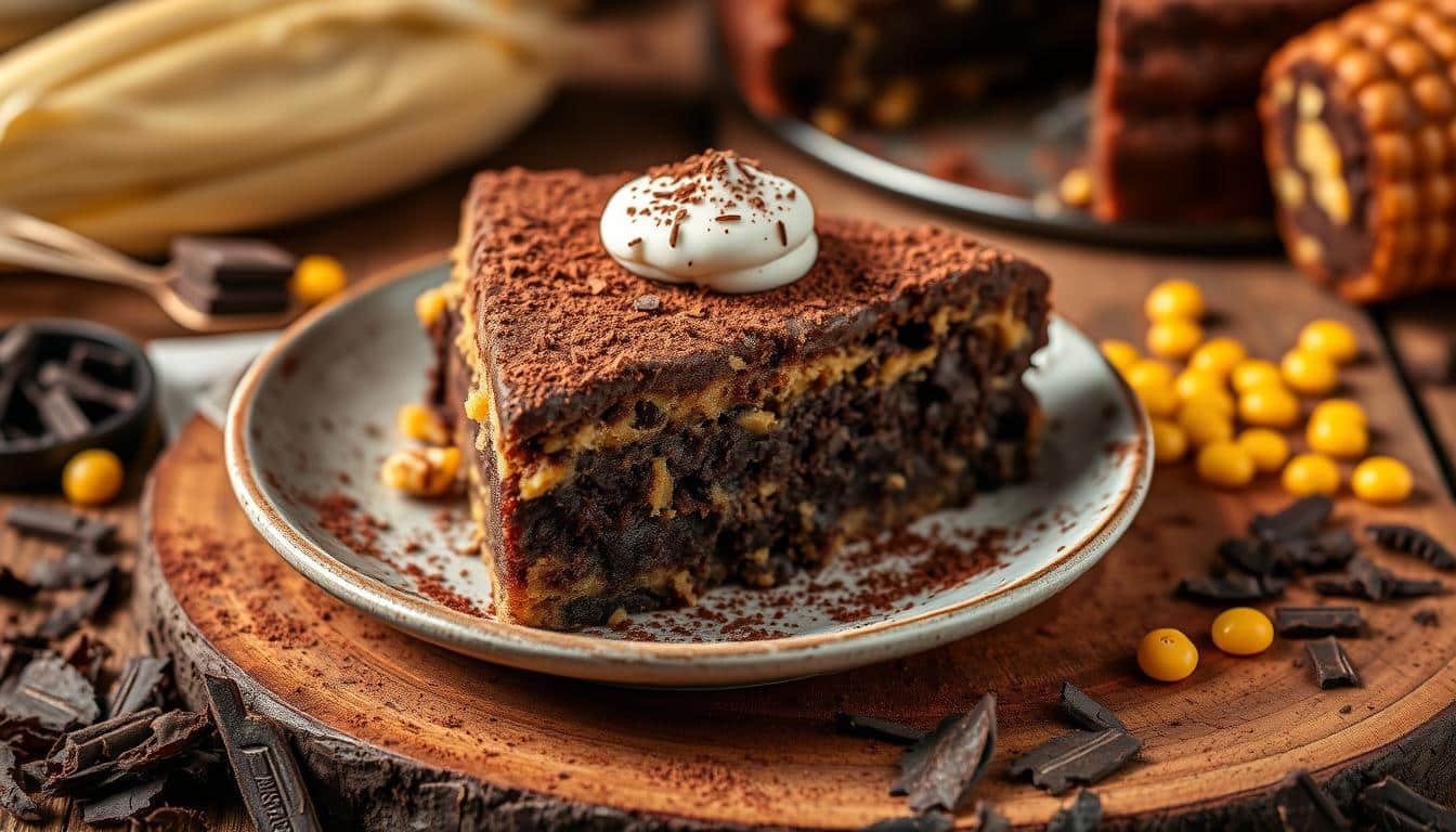 A slice of chocolate and banana cake with a dollop of cream and cocoa powder on a plate, surrounded by chocolate pieces and yellow candies.