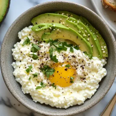 A healthy bowl containing cottage cheese, avocado slices, a raw egg yolk, and fresh herbs, accompanied by slices of bread on the side.