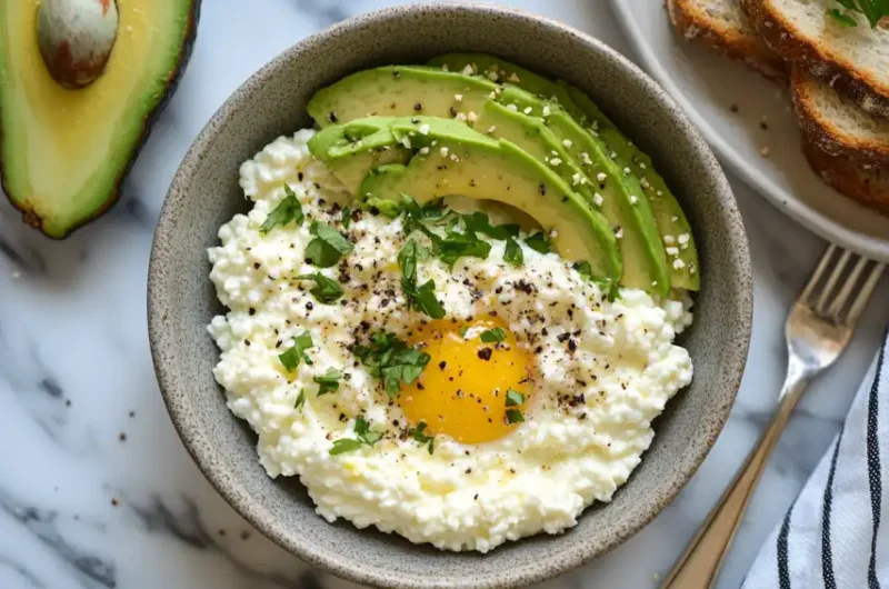 A healthy bowl containing cottage cheese, avocado slices, a raw egg yolk, and fresh herbs, accompanied by slices of bread on the side.