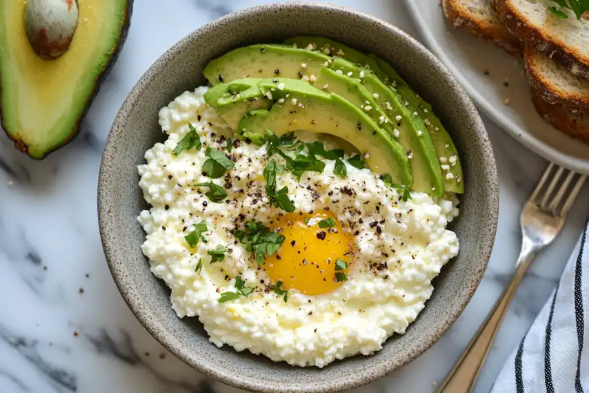 A healthy bowl containing cottage cheese, avocado slices, a raw egg yolk, and fresh herbs, accompanied by slices of bread on the side.