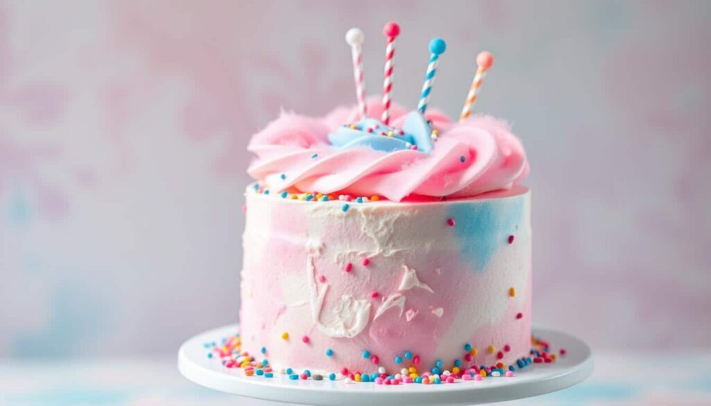 Close-up of a slice of cotton candy cake, showcasing layers of vibrant blue and pink cake with creamy frosting and sprinkles.