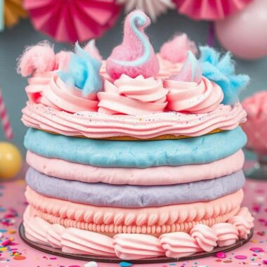 A layered pastel-colored cake decorated with frosting swirls, cotton candy, and sprinkles sits on a pink surface.