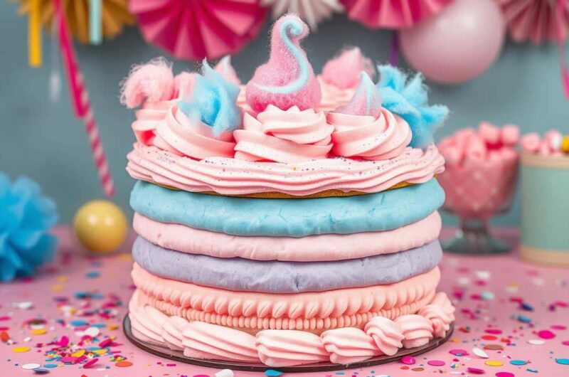 A layered pastel-colored cake decorated with frosting swirls, cotton candy, and sprinkles sits on a pink surface.