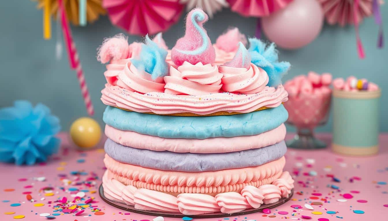 A layered pastel-colored cake decorated with frosting swirls, cotton candy, and sprinkles sits on a pink surface.