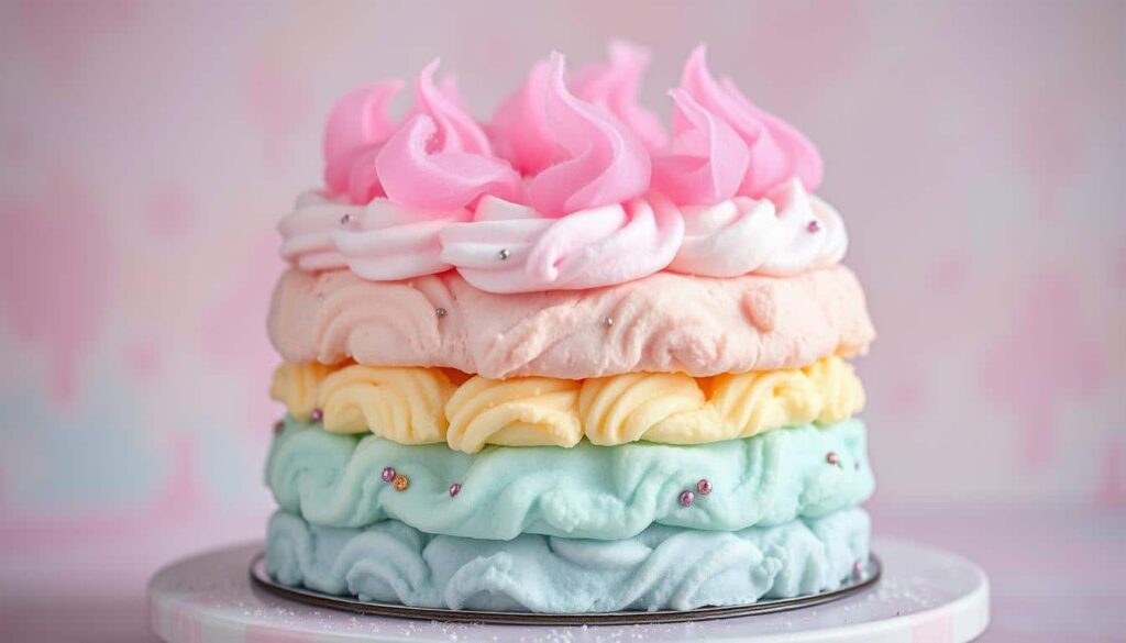 A beautifully decorated cotton candy cake on a white stand, topped with swirls of pastel frosting and a crown of cotton candy.