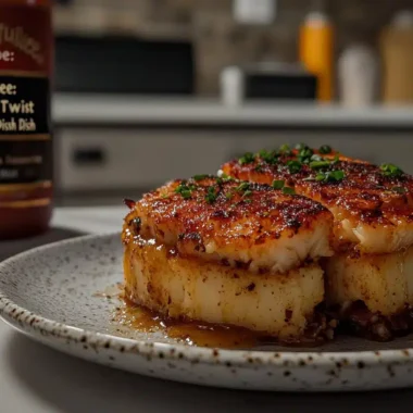 A plate of crab brulee topped with chopped chives, alongside a clear jar featuring a crab brulee recipe label.