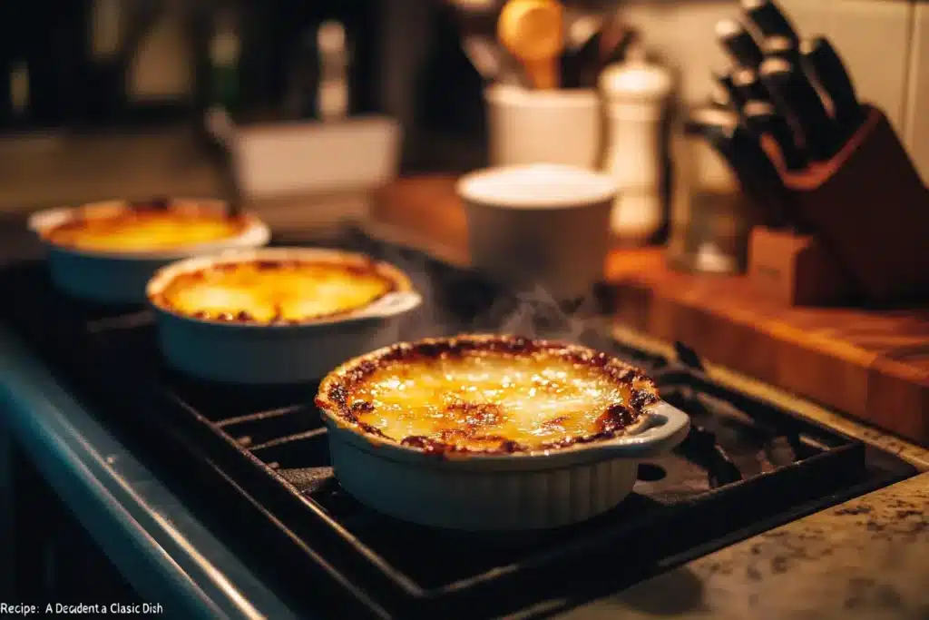 A creamy crab brulee dish with a crackled sugar crust, set against a rustic wooden table.