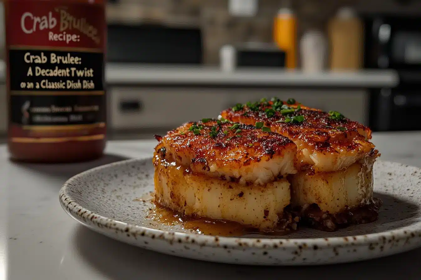 A plate of crab brulee topped with chopped chives, alongside a clear jar featuring a crab brulee recipe label.