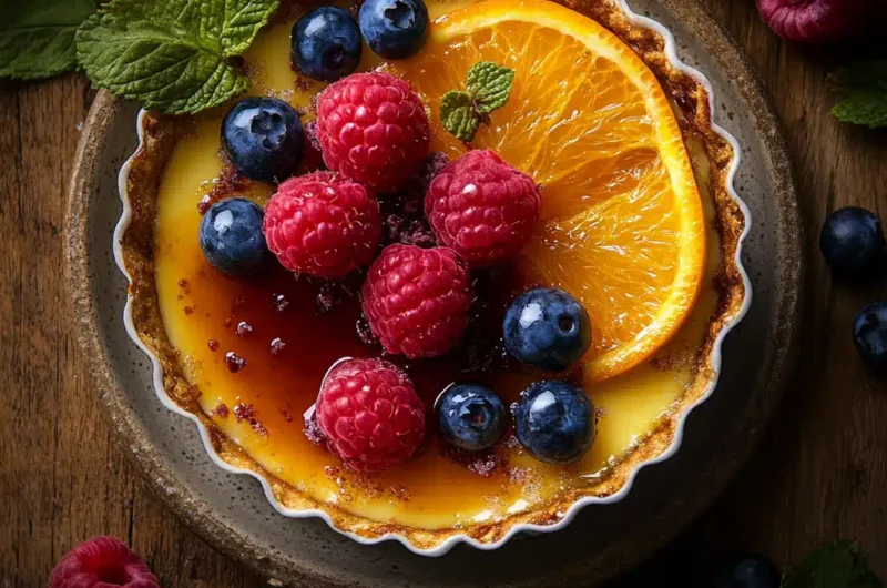 A delectable dessert featuring a creamy custard topped with fresh berries and an orange slice.