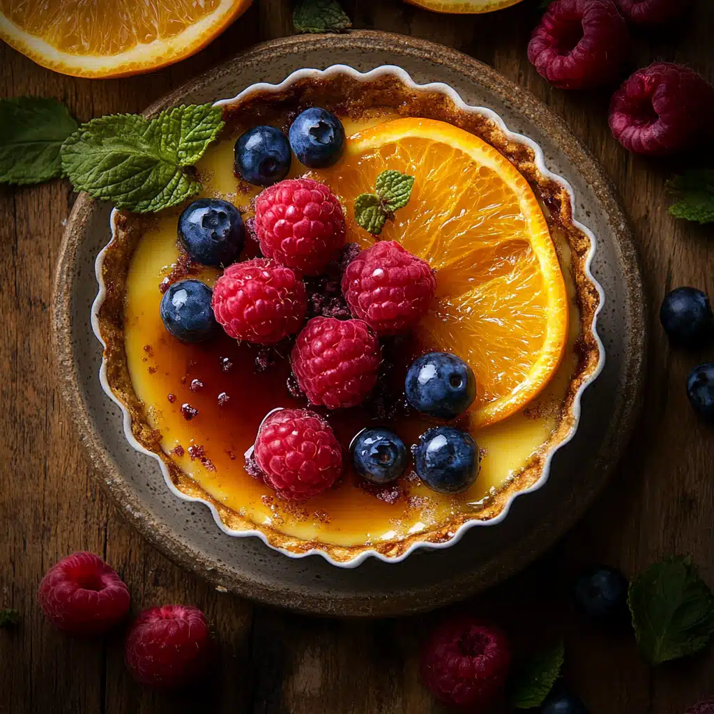 A delectable dessert featuring a creamy custard topped with fresh berries and an orange slice.