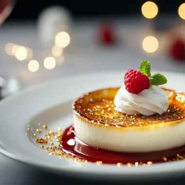 A dessert plate featuring a creamy flan topped with whipped cream and raspberries, surrounded by a red sauce and golden sprinkles.