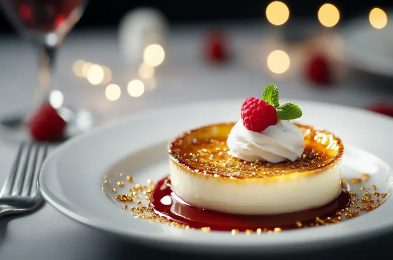 A dessert plate featuring a creamy flan topped with whipped cream and raspberries, surrounded by a red sauce and golden sprinkles.