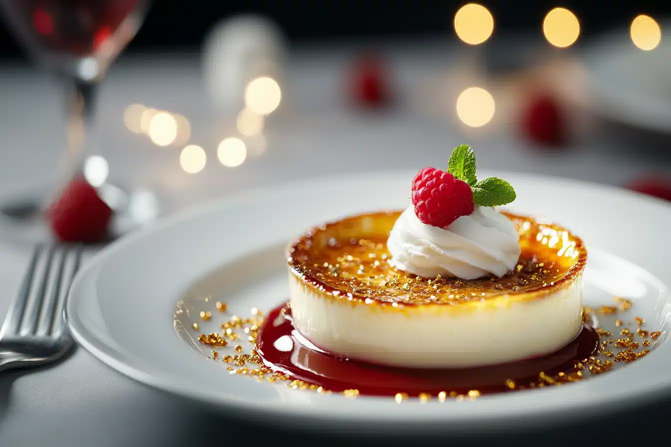 A dessert plate featuring a creamy flan topped with whipped cream and raspberries, surrounded by a red sauce and golden sprinkles.