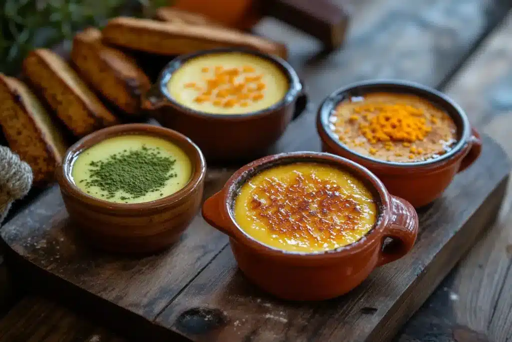 A visually striking assortment of crème brûlée variations, including matcha in a ceramic dish, vanilla with biscotti, and orange-zest-infused crema catalana, each presented with cultural touches on a rustic wooden surface.