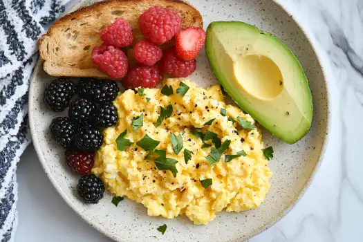 A plate featuring scrambled eggs, avocado, assorted berries, and toast.