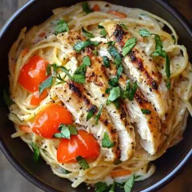 A bowl of pasta topped with grilled chicken and fresh herbs.