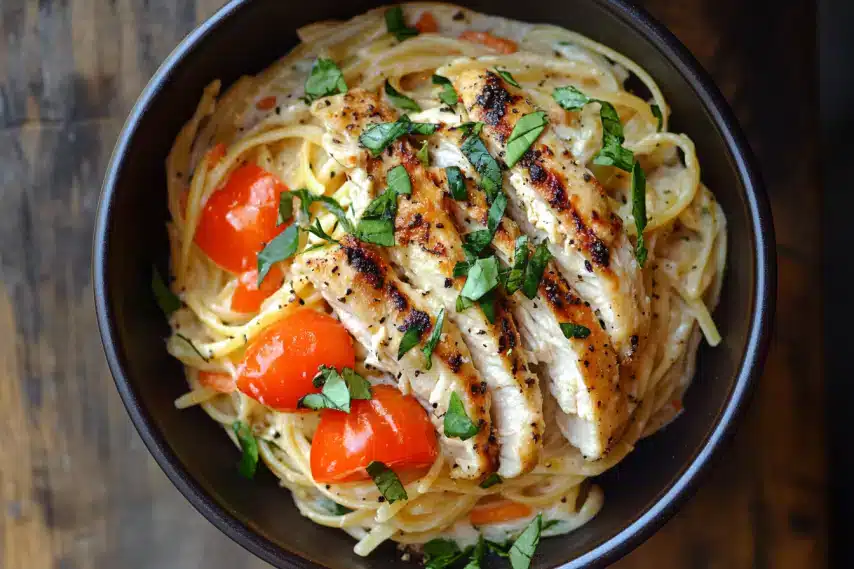 A bowl of pasta topped with grilled chicken and fresh herbs.