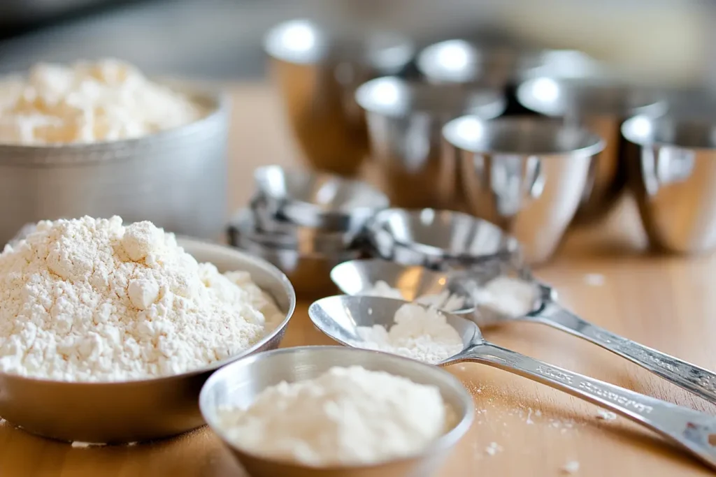 A detailed close-up of various measuring spoons and cups containing flour, sugar, and baking powder, carefully arranged on a countertop to highlight the importance of precision and accuracy in baking.