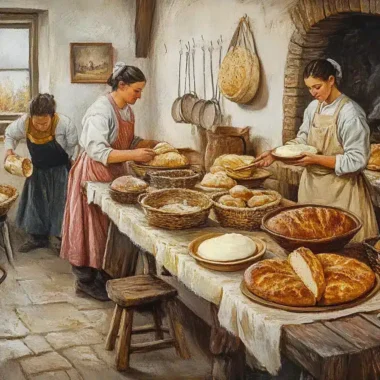 Three women are baking bread in a rustic kitchen filled with various loaves and utensils.