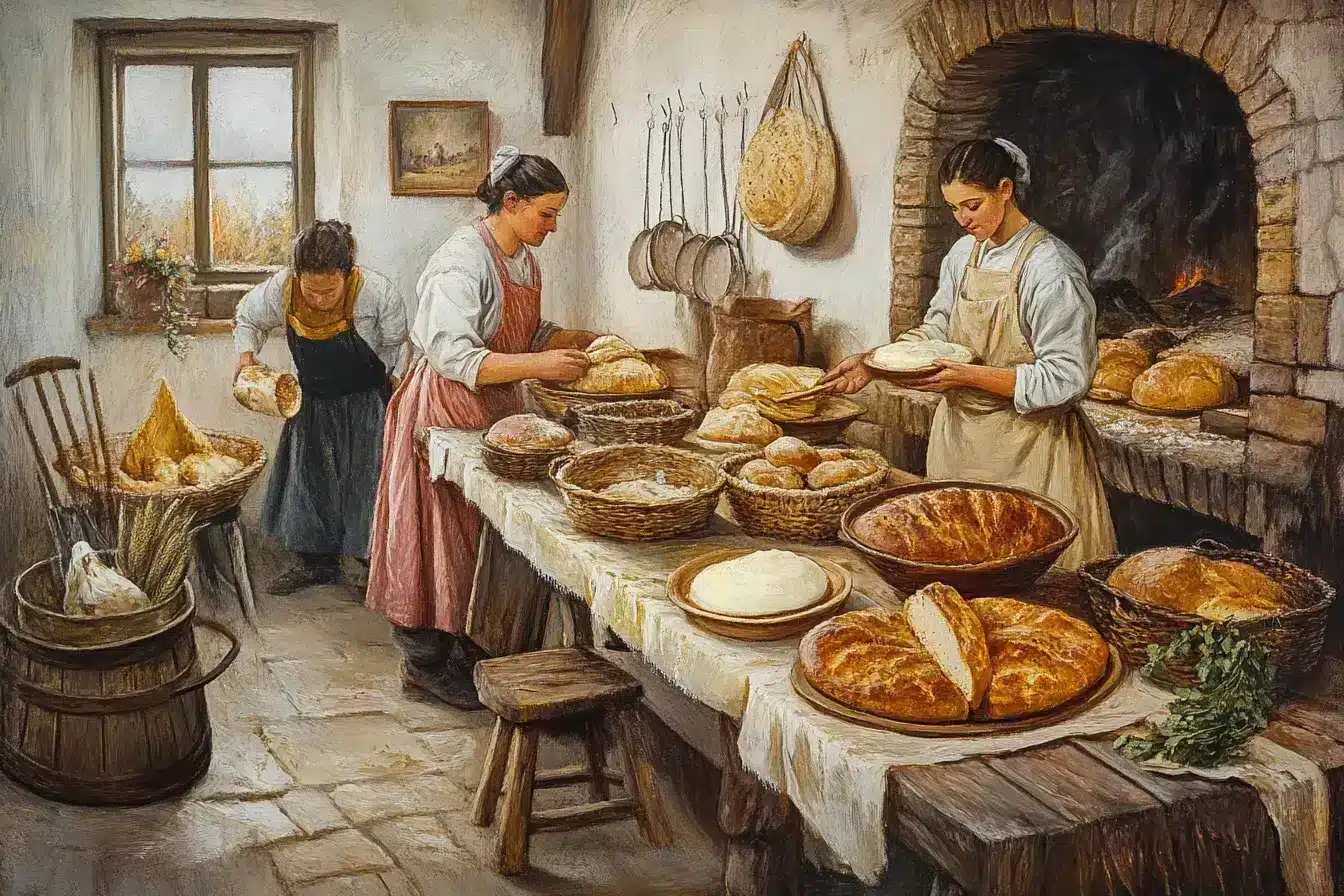 Three women are baking bread in a rustic kitchen filled with various loaves and utensils.