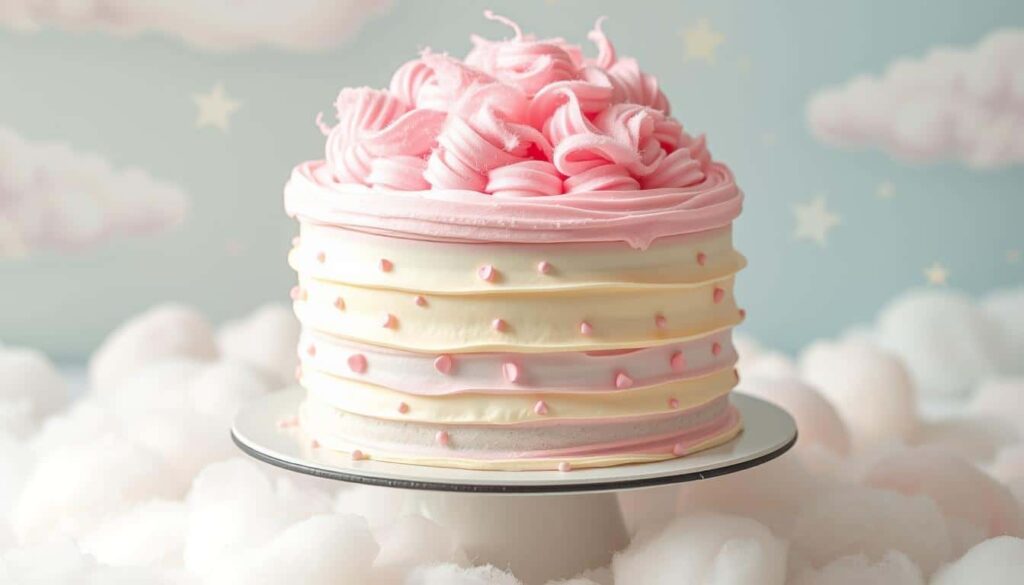 Close-up of a fluffy, layered cake decorated with fairy floss, evoking a magical and dreamlike dessert theme.