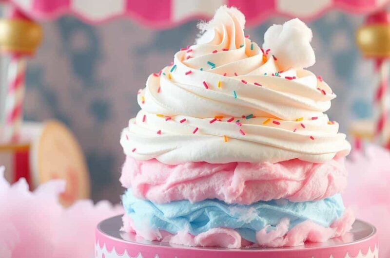 A whimsical dessert made of layers of pink and blue cotton candy topped with white frosting and sprinkles.
