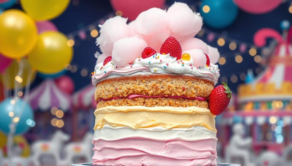 A vibrant fairy floss cake on a dessert table surrounded by festive decorations, ideal for special occasions.