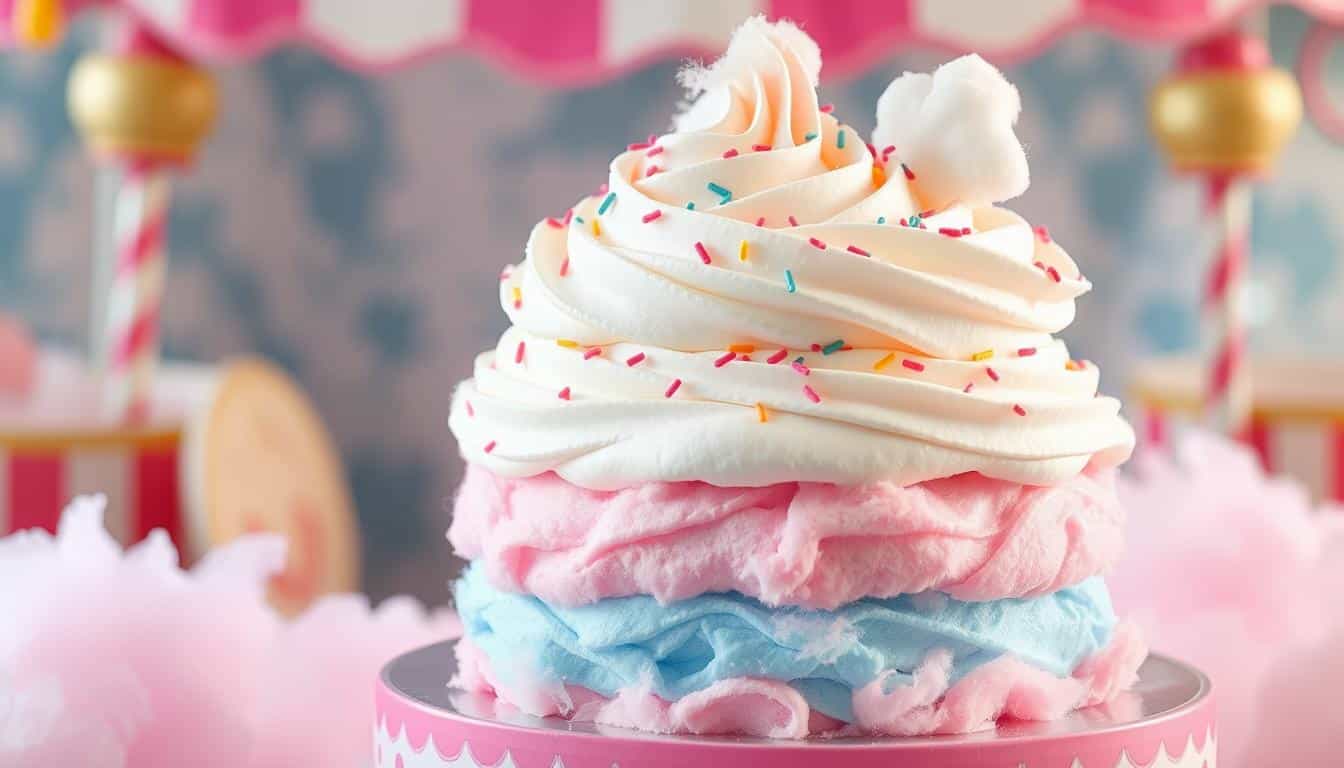 A whimsical dessert made of layers of pink and blue cotton candy topped with white frosting and sprinkles.