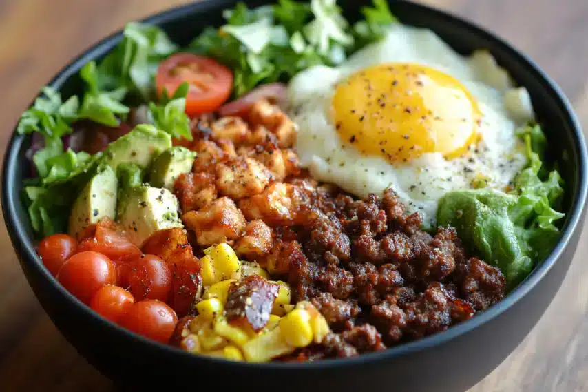 A vibrant bowl filled with a variety of fresh vegetables, cooked meats, and a fried egg.