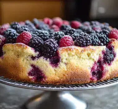 A berry-topped cake on a wire rack.
