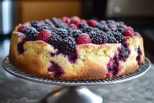 A berry-topped cake on a wire rack.