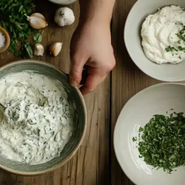 A person is stirring a herb-infused yogurt mixture in a bowl, surrounded by fresh garlic, herbs, and bowls of chopped greens.