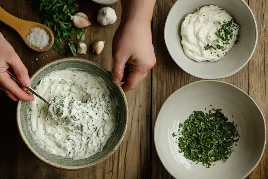 A person is stirring a herb-infused yogurt mixture in a bowl, surrounded by fresh garlic, herbs, and bowls of chopped greens.