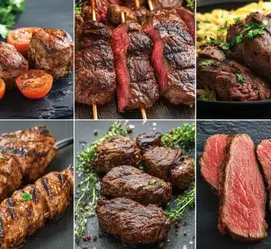 A collage of various grilled meats and garnishes including skewers and slices of beef.