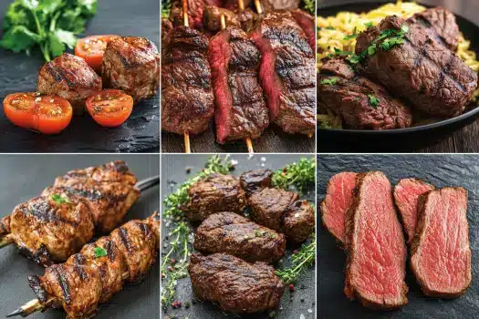 A collage of various grilled meats and garnishes including skewers and slices of beef.