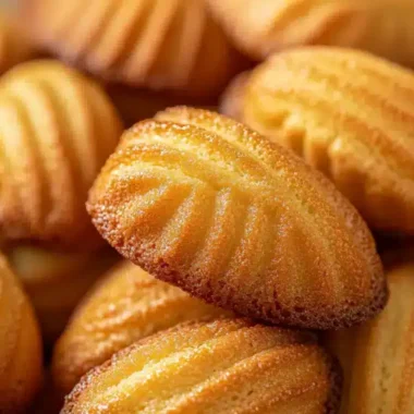 A close-up view of golden-brown madeleines stacked together.