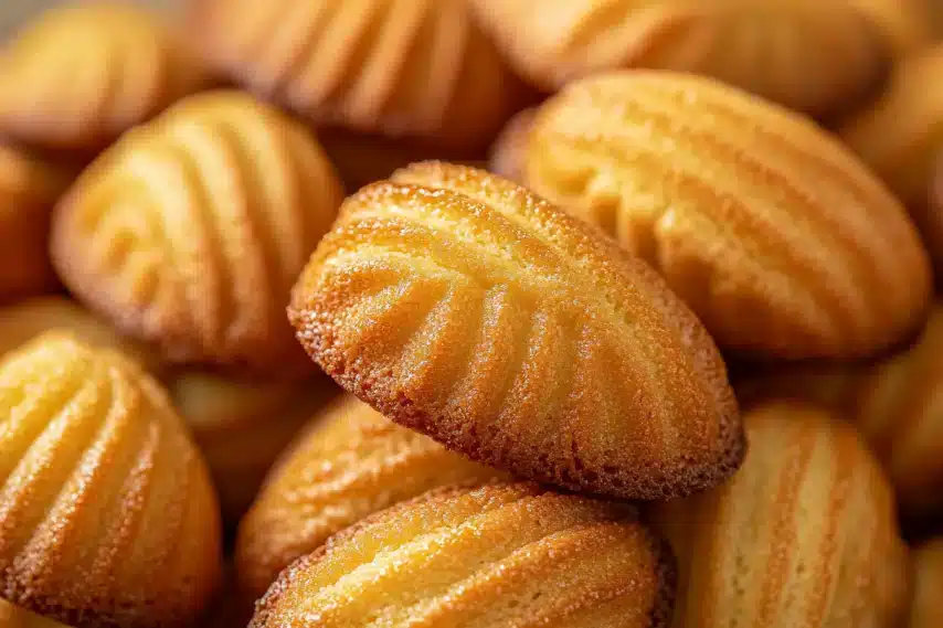 A close-up view of golden-brown madeleines stacked together.