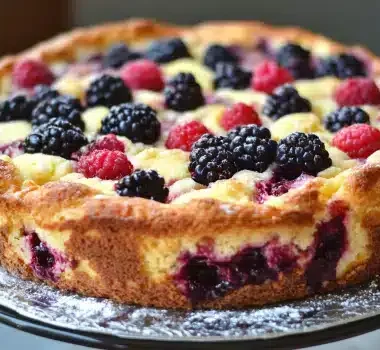 A round berry cake topped with blackberries and raspberries on a silver platter.