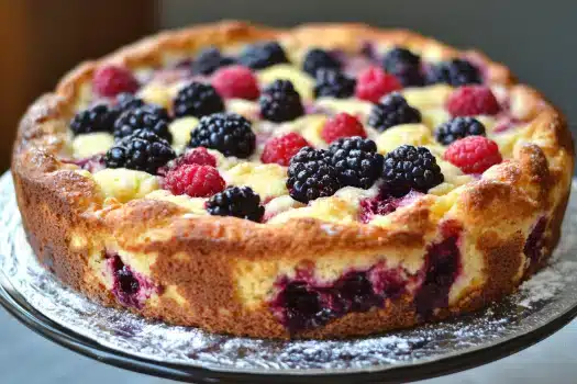 A round berry cake topped with blackberries and raspberries on a silver platter.