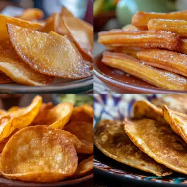 A colorful platter featuring crispy chips, churros, and tortillas.