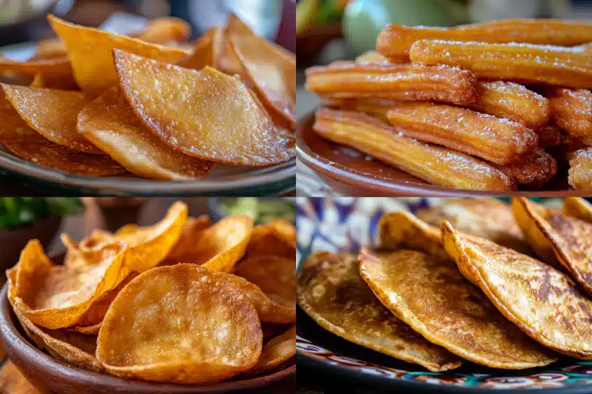 A colorful platter featuring crispy chips, churros, and tortillas.