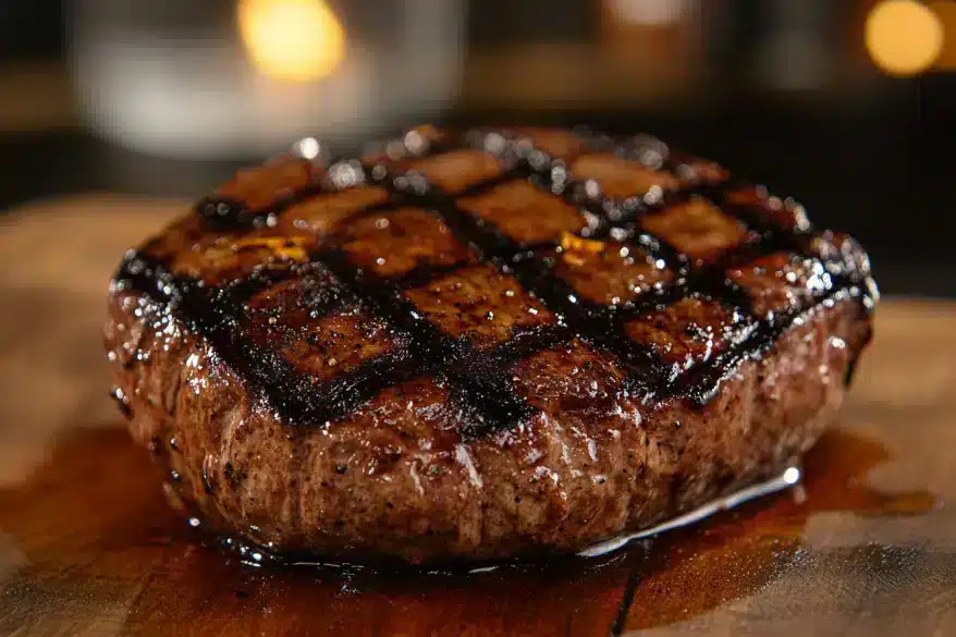 A close-up of a perfectly grilled beef patty, slightly charred edges, juices glistening, set against a blurred rustic kitchen backdrop.