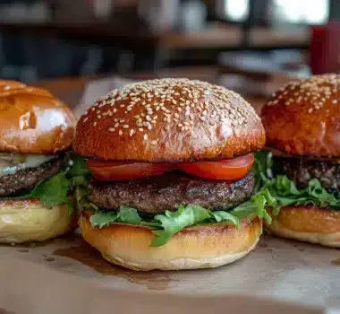 A close-up image of three delicious gourmet hamburgers on a wooden table.