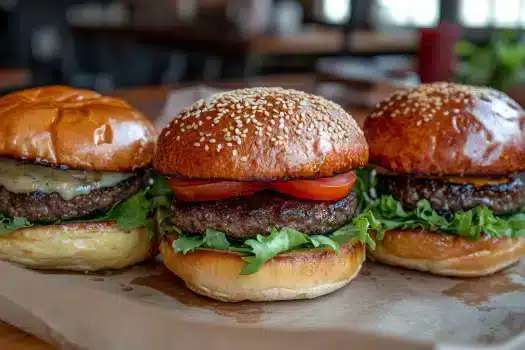 A close-up image of three delicious gourmet hamburgers on a wooden table.