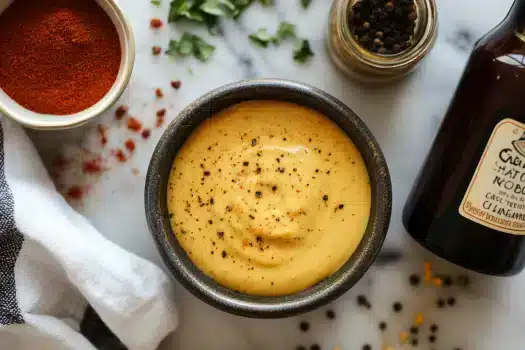 A small bowl filled with creamy, golden-hued secret sauce flecked with herbs, placed near assorted spices, a soy sauce bottle, and a Worcestershire sauce bottle.