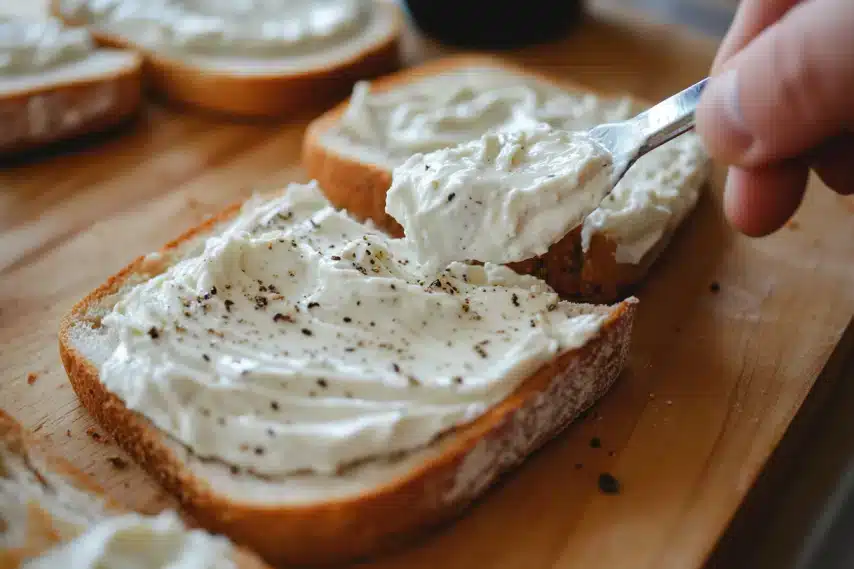 Close-up of a hand spreading a creamy greek yogurt garlic mixture onto a slice of bread.