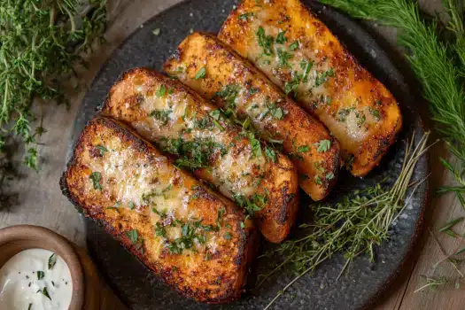 A plate of golden brown greek yogurt garlic bread slices, garnished with fresh herbs, presented in an appetizing manner.